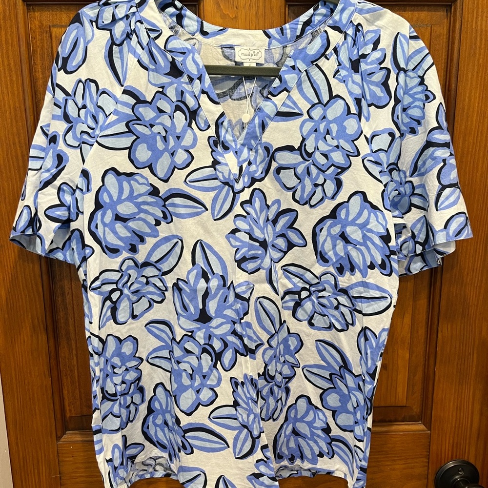 Mud Pie Blue and White Floral Blouse